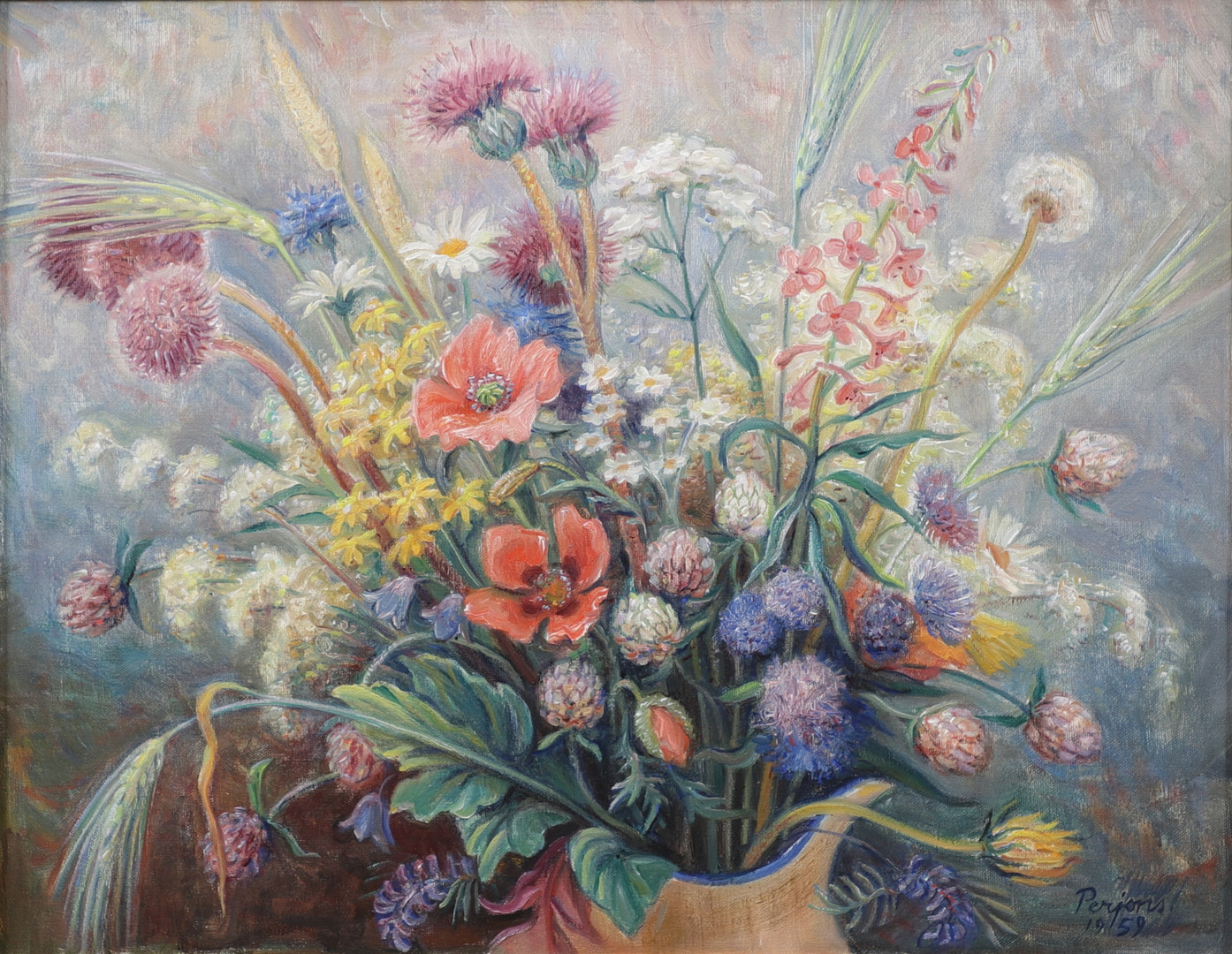 Blomsterstilleben, olja på duk, signerad och daterad 1959.