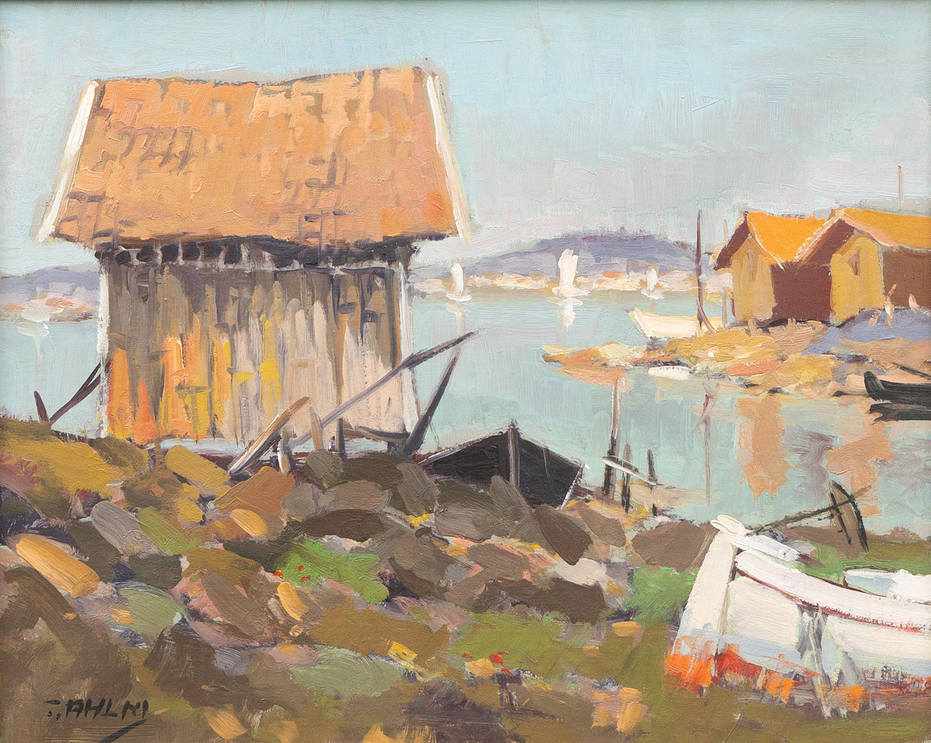 Småbåtshamn, olja på duk, signerad.