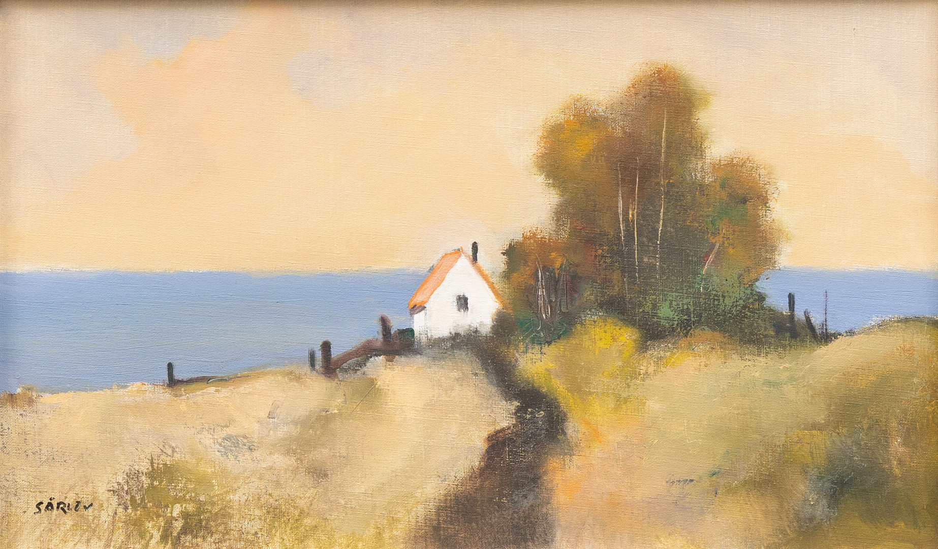 Kustlandskap med hus, olja på duk, signerad.