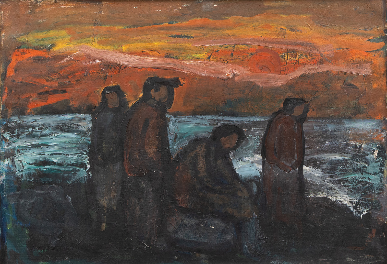 Fiskarfamilj vid strand, olja på duk, signerad.