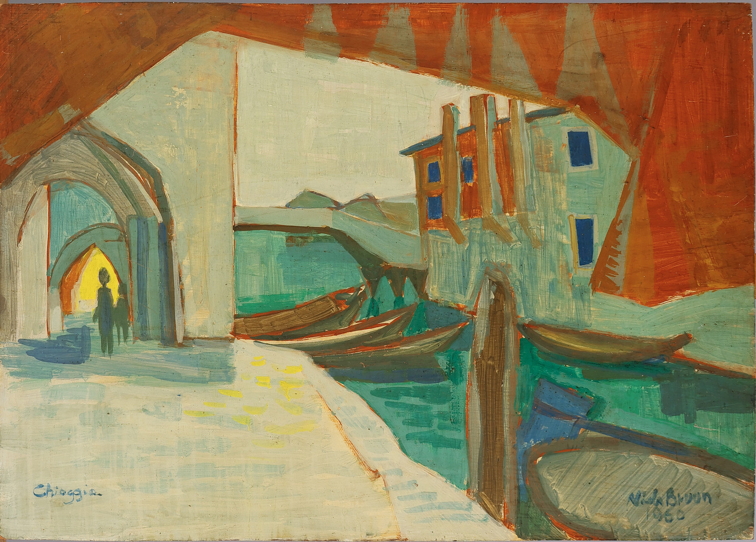 Komposition, motiv fra 'Chioggia' i Veneto regionen i Italien, tempera på plade, signeret og dateret 1960.