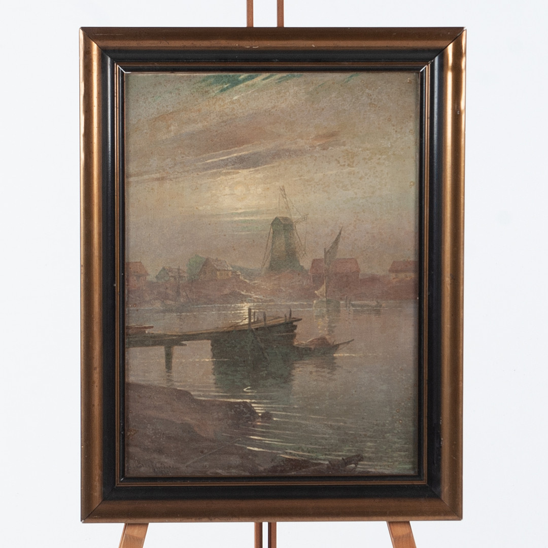 Olja på duk Skärgårdsmotiv med väderkvarn, 1935.