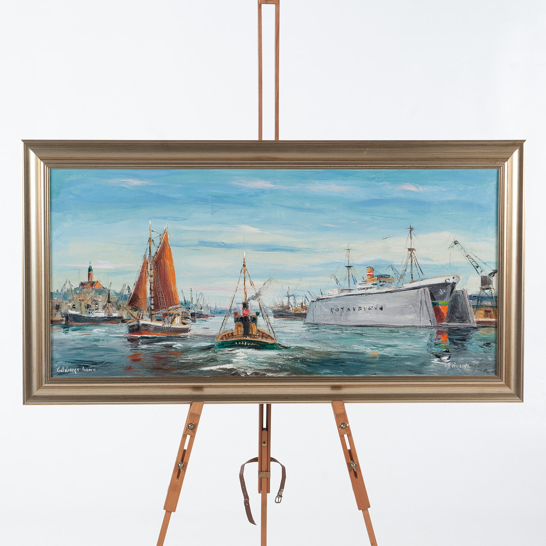 Olja på duk, “Göteborgs hamn”, Signerad.