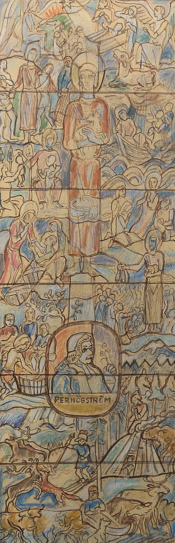 Skiss till kyrkofönster: "Gällivare-Malmberget kyrka (motiv av bla Pehr Högström)", signerad och daterad Einar Forseth 1943, blandteknik.