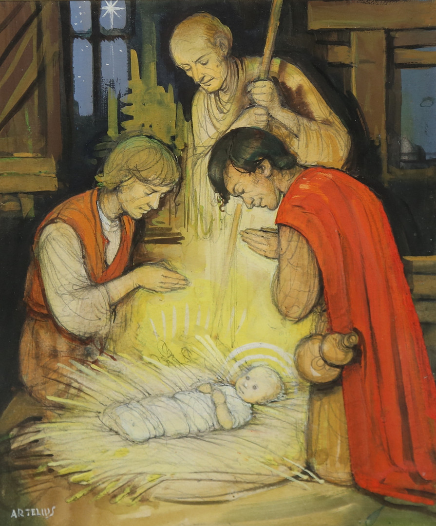 blandteknik, Jesus och tre vise männen, signerad Artelius.