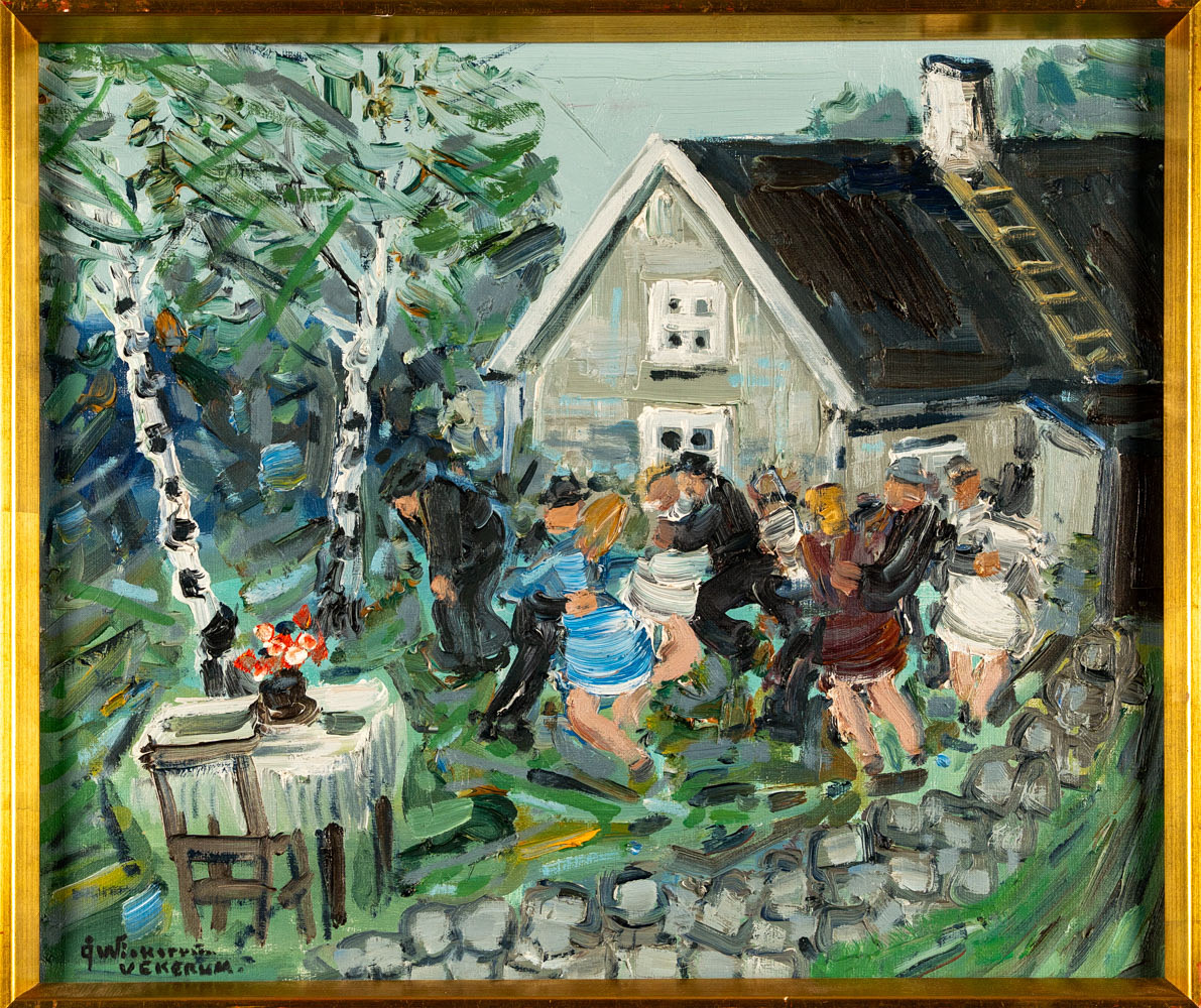 Olja på duk, "Födelse-dags-dans", Signerad.