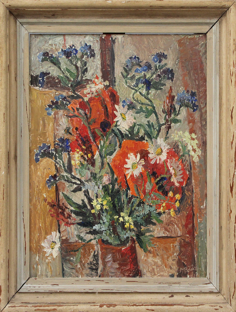 OLJA, på duk, blommor, signerad.