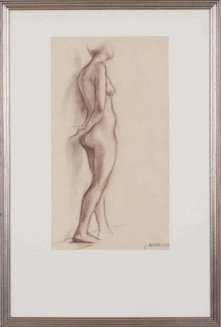 Stående modell, krita på papper, signerad och daterad 1928.