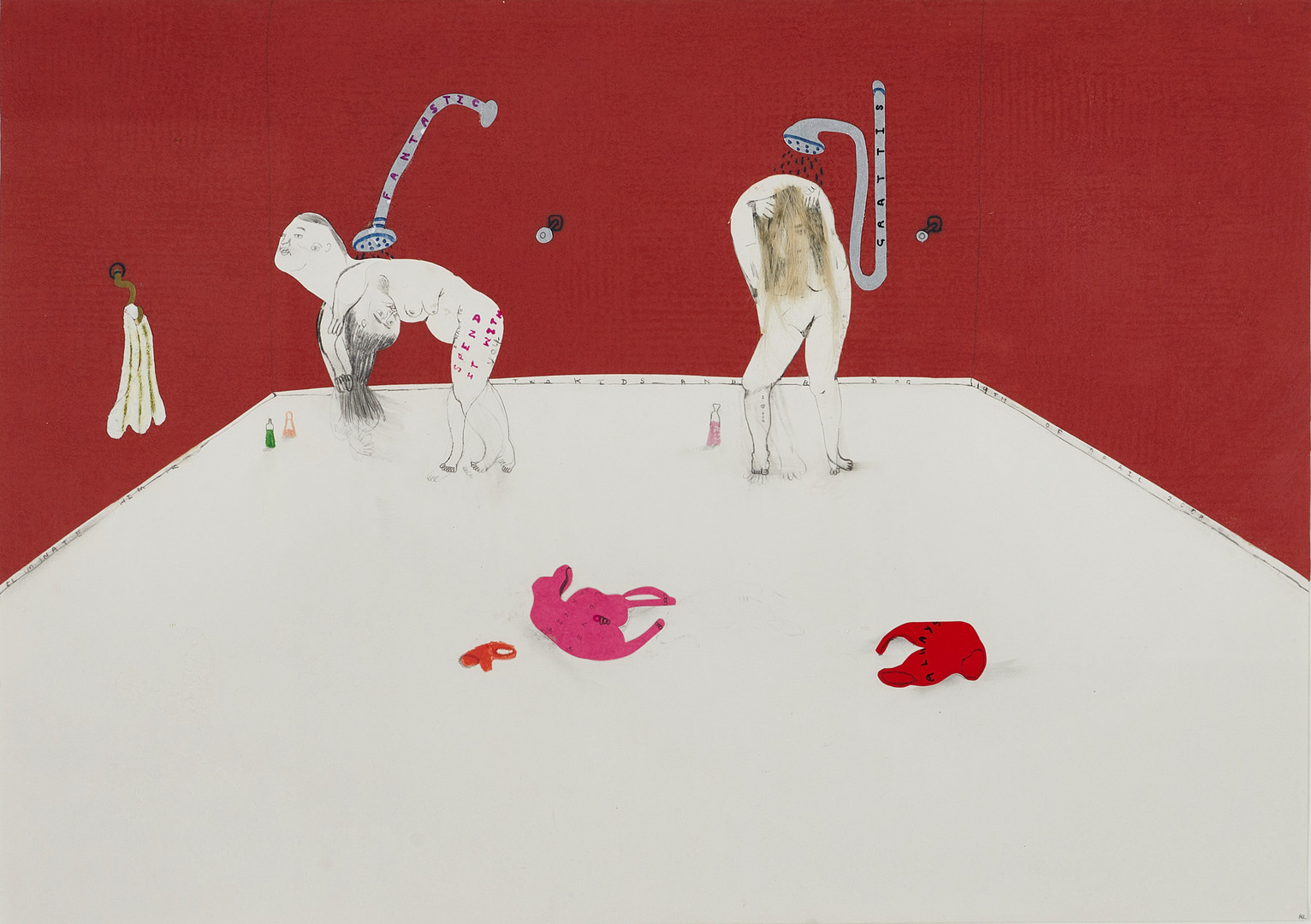 "Two kids and a dog", monogramsignerad KL, daterad 2000, mixed media och collage.