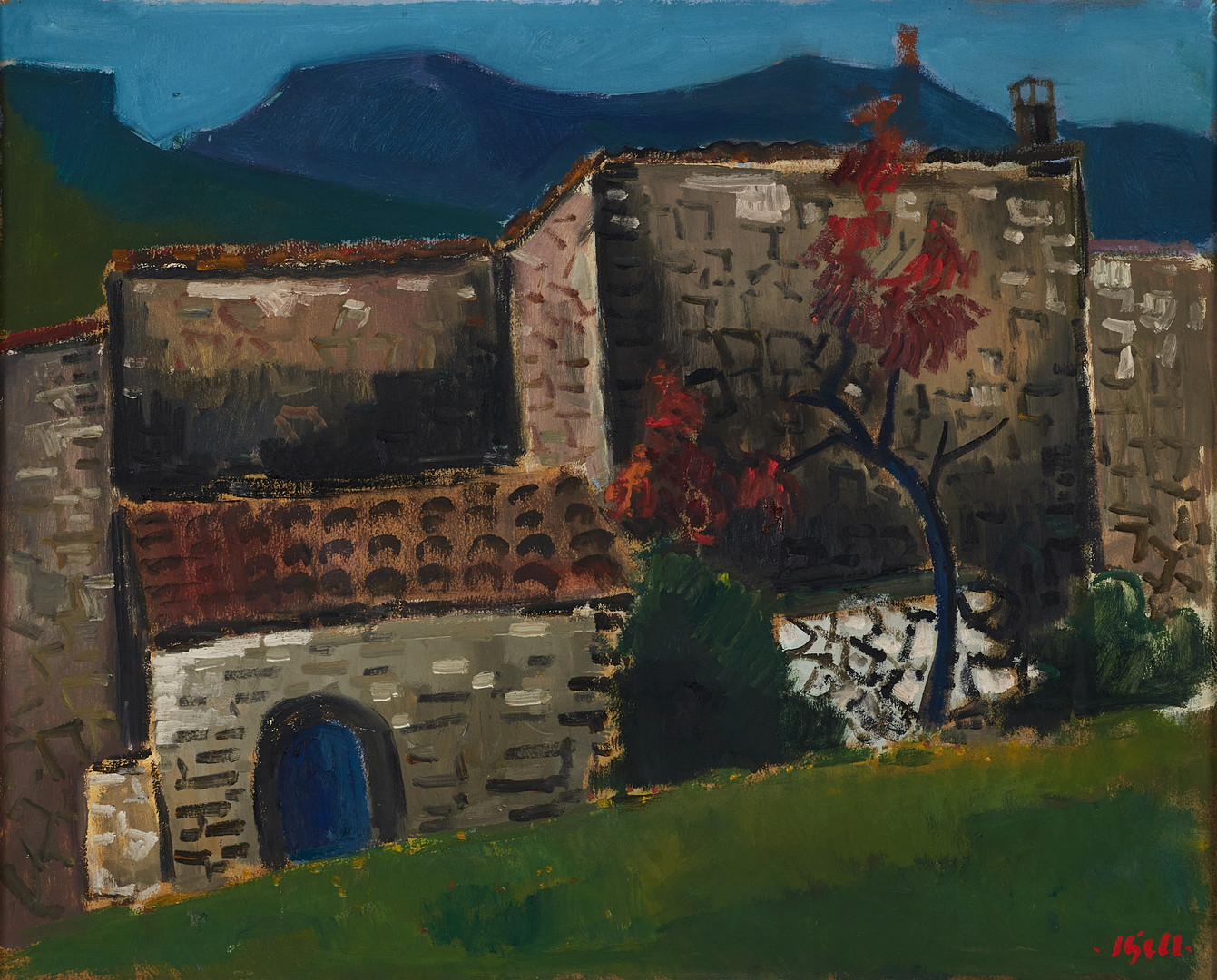 "Spansk Bondgård", Sarraco, Mallorca 1965, signerad Kjell, olja på pannå.