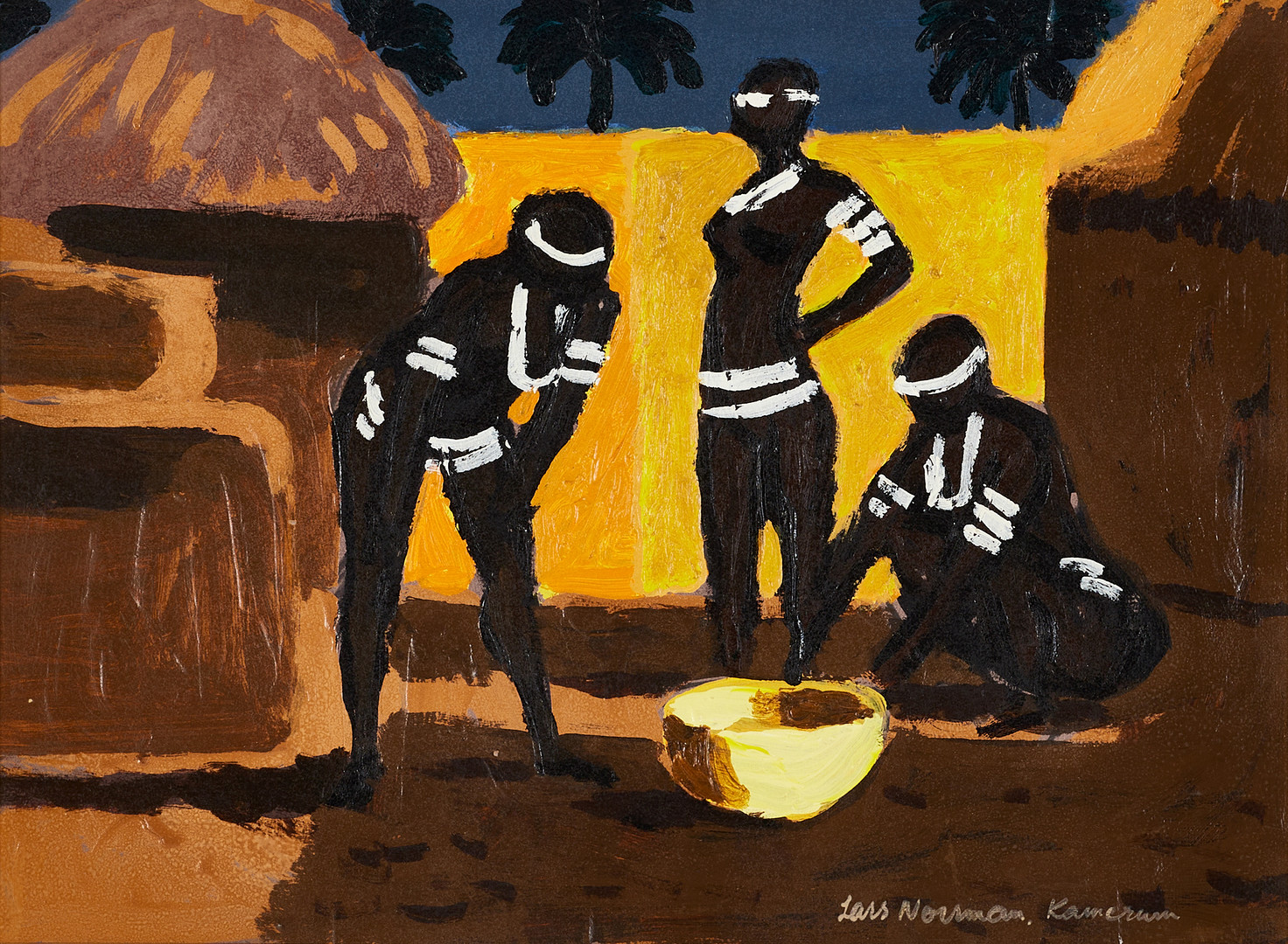 Tre kvinnor, Kamerun, signerad Lars Norrman, olja på pannå.