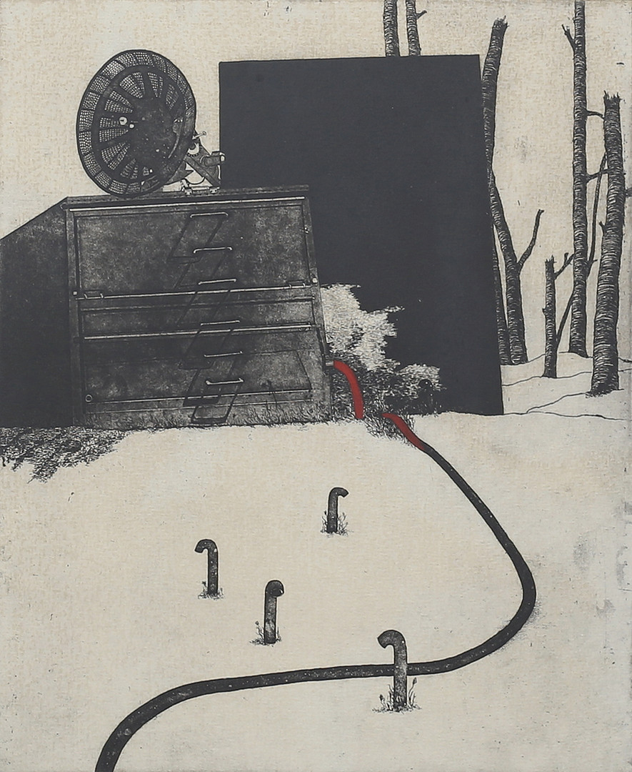Surrealistisk komposition. Etsning, signerad och numrerad 79/260, daterad -87.