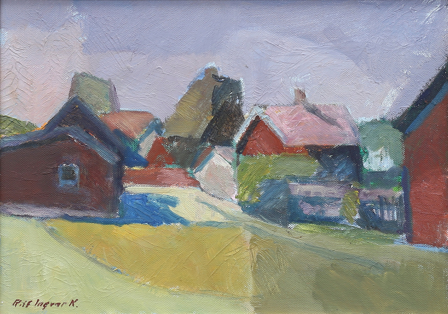 (Blomstermåla), "Bygata Runnö", olja på duk, signerad.