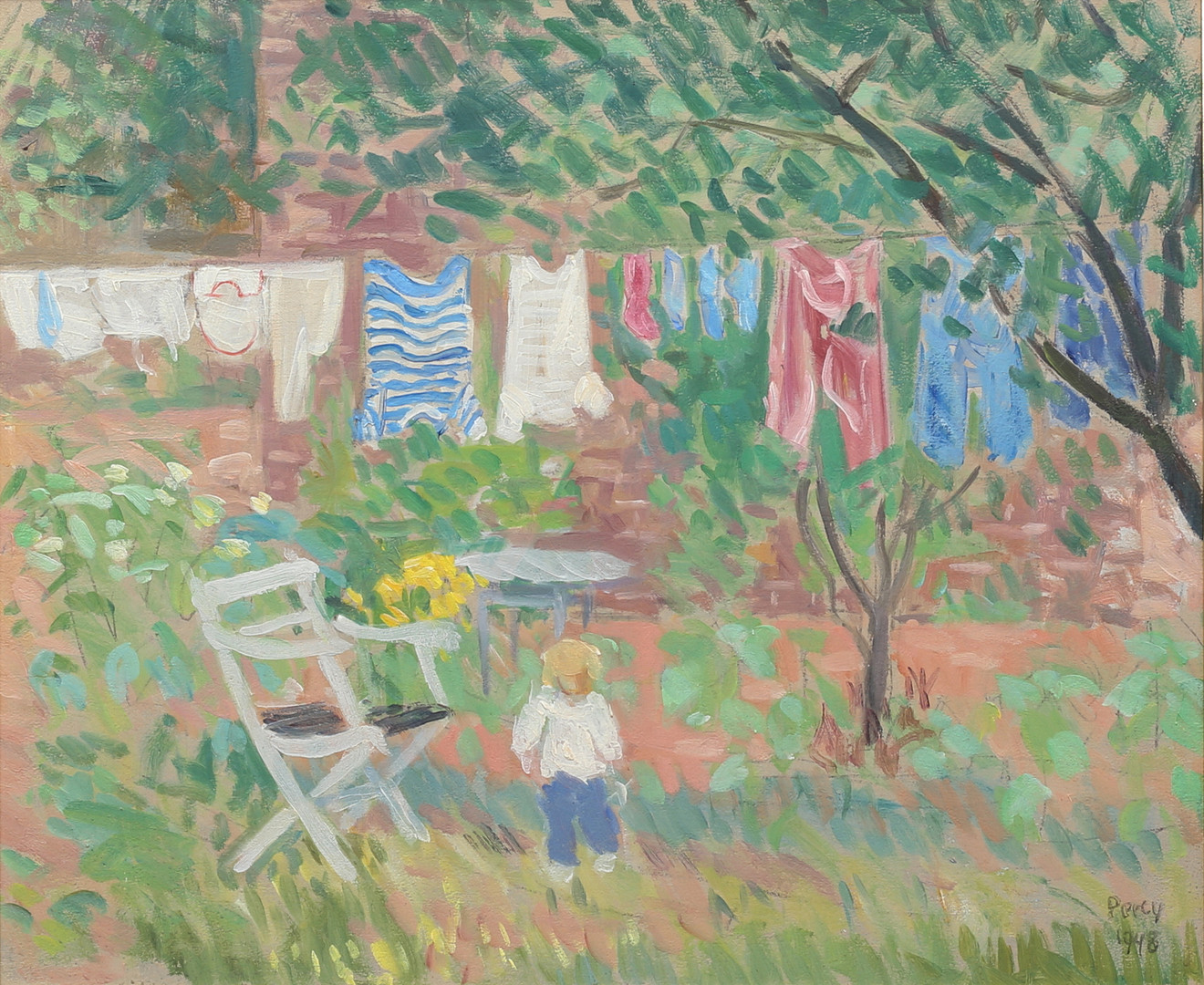 "Tvätten torkas I", olja på pannå, signerad Percy, daterad 1948.