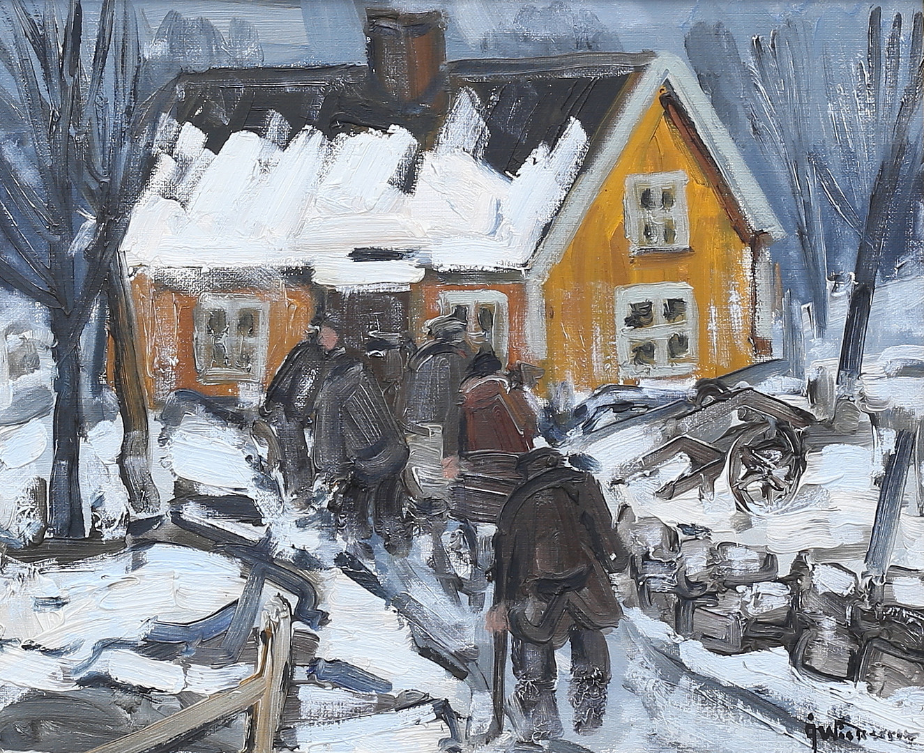 Besök på gården, olja på duk, signerad.