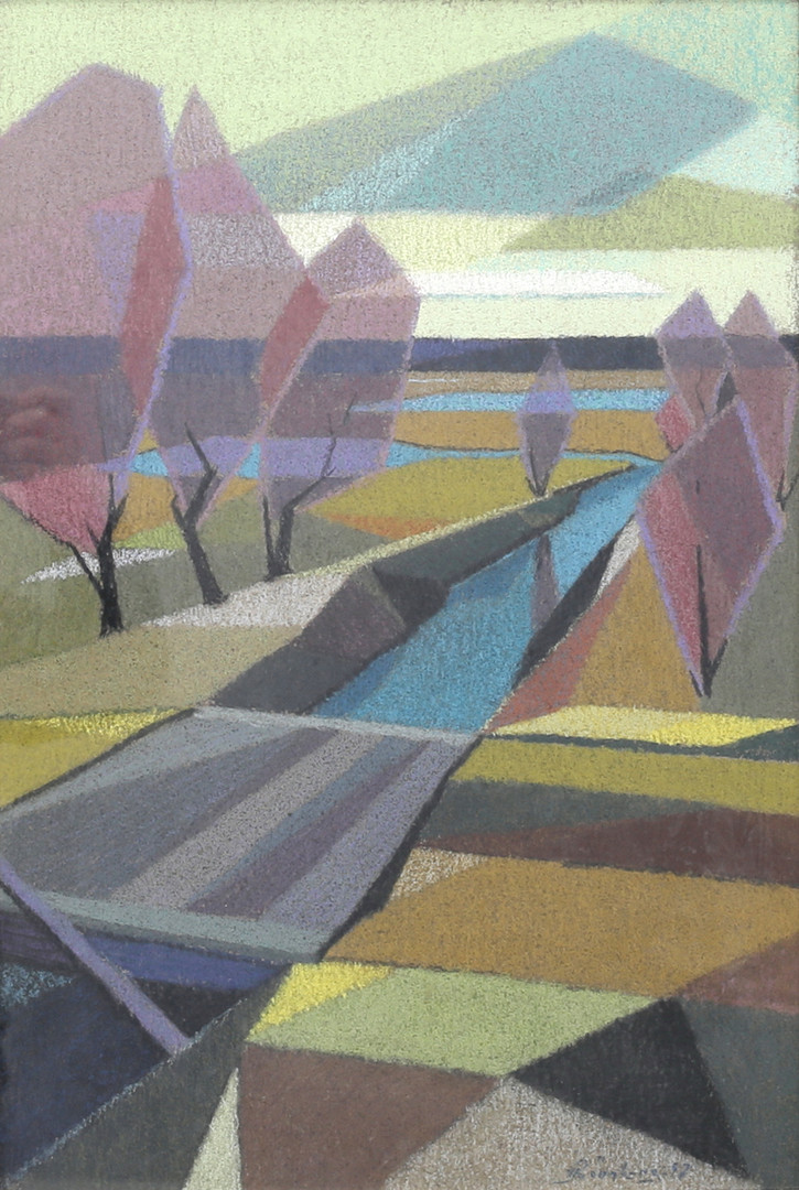 Kubistiskt landskap, pastell, signerad.