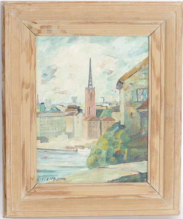 Stockholmsmotiv med riddarkyrkan. Olja på pannå.