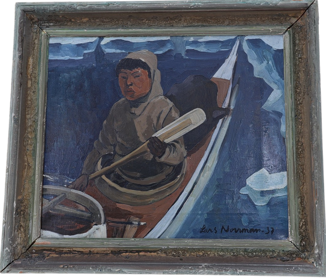 Lars Norrman, Fiskare i kajak, olja på duk, signerad och daterad 37.