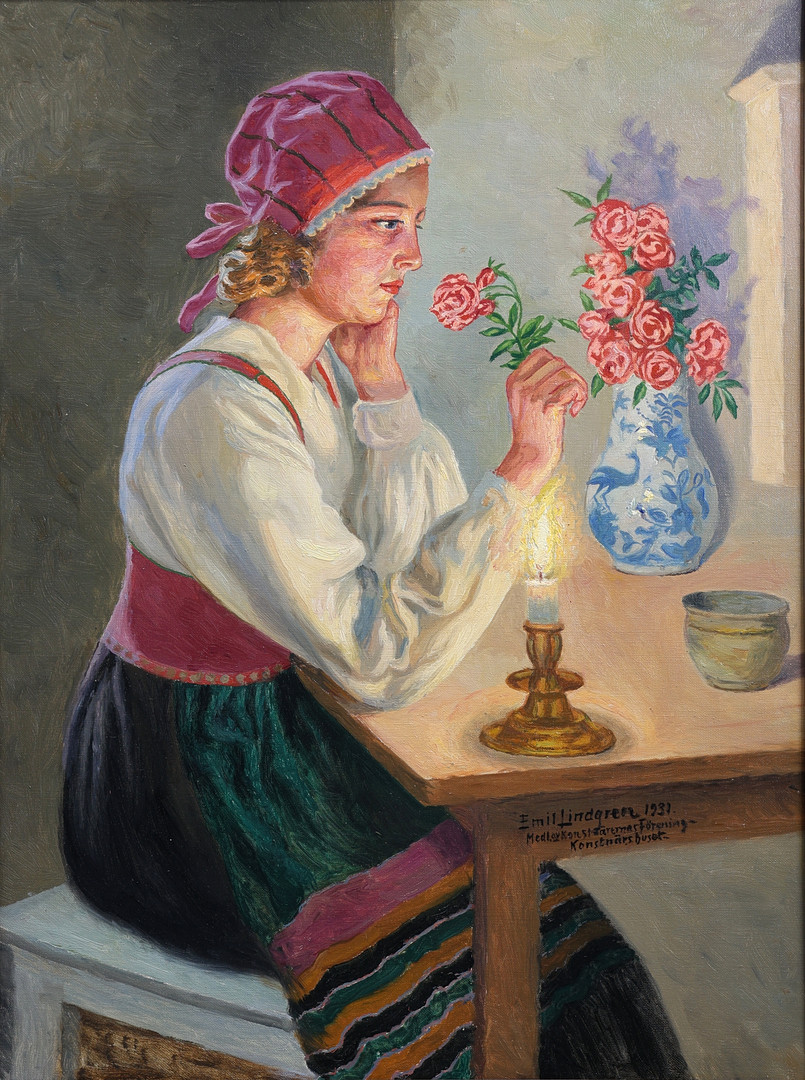 olja på duk, Kvinna i folkdräkt med blommor. signerad.