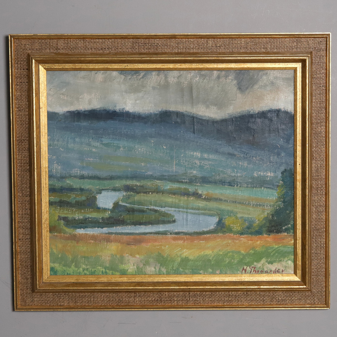 OLJA PÅ DUK, "De blå bergen", signerad.
