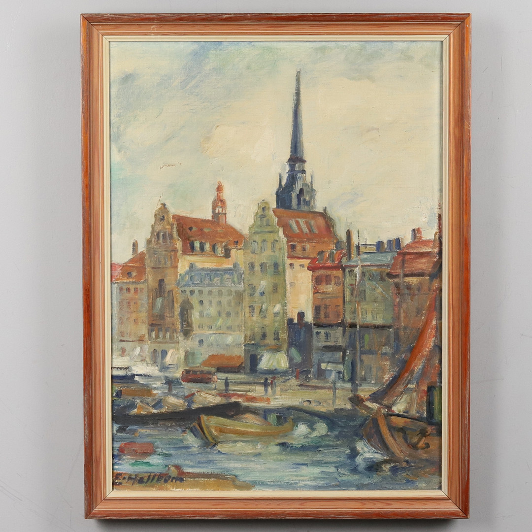 Olja på duk. "Stockholmsmotiv", signerad.