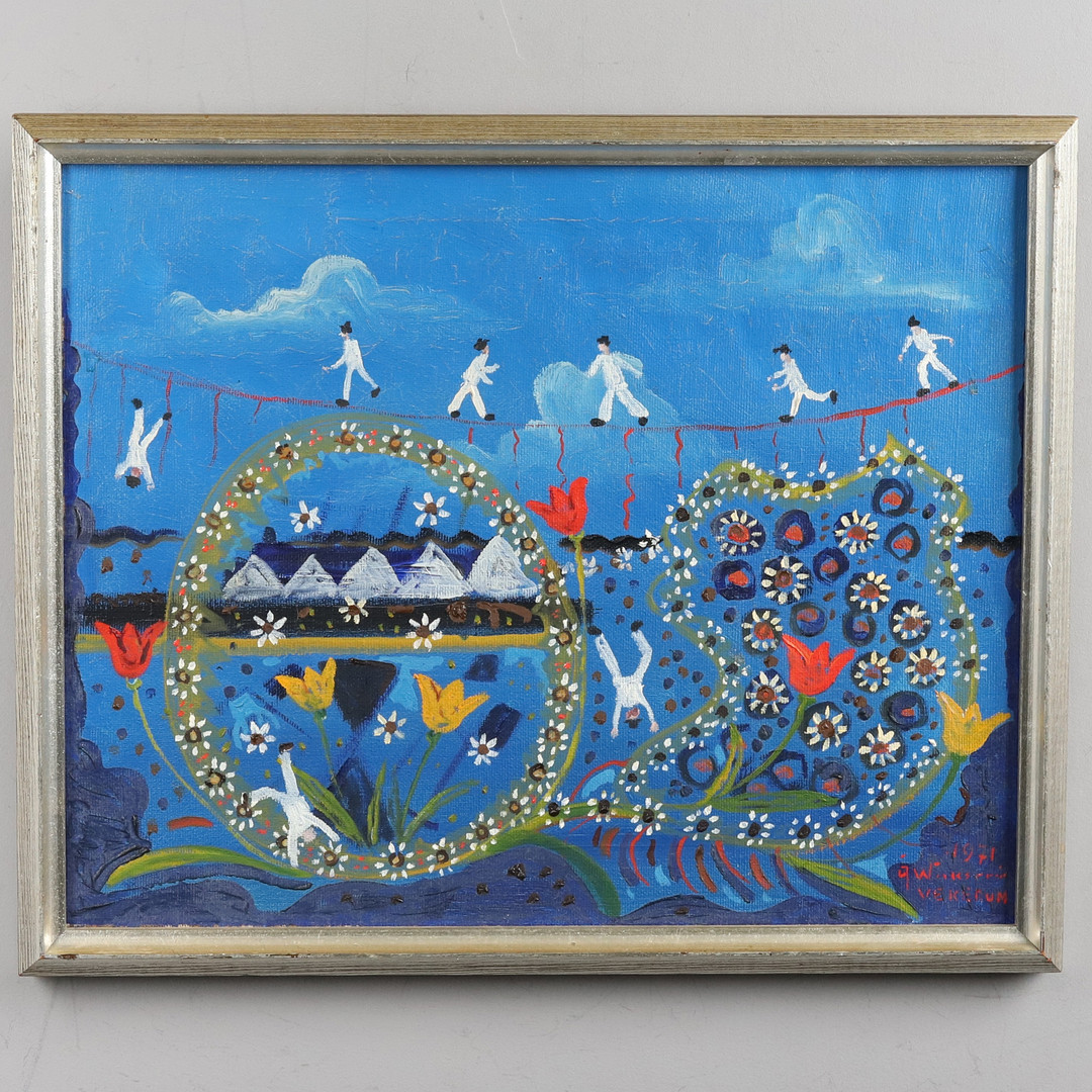 OLJA PÅ DUK, "Livets röda tråd", signerad, 1971.