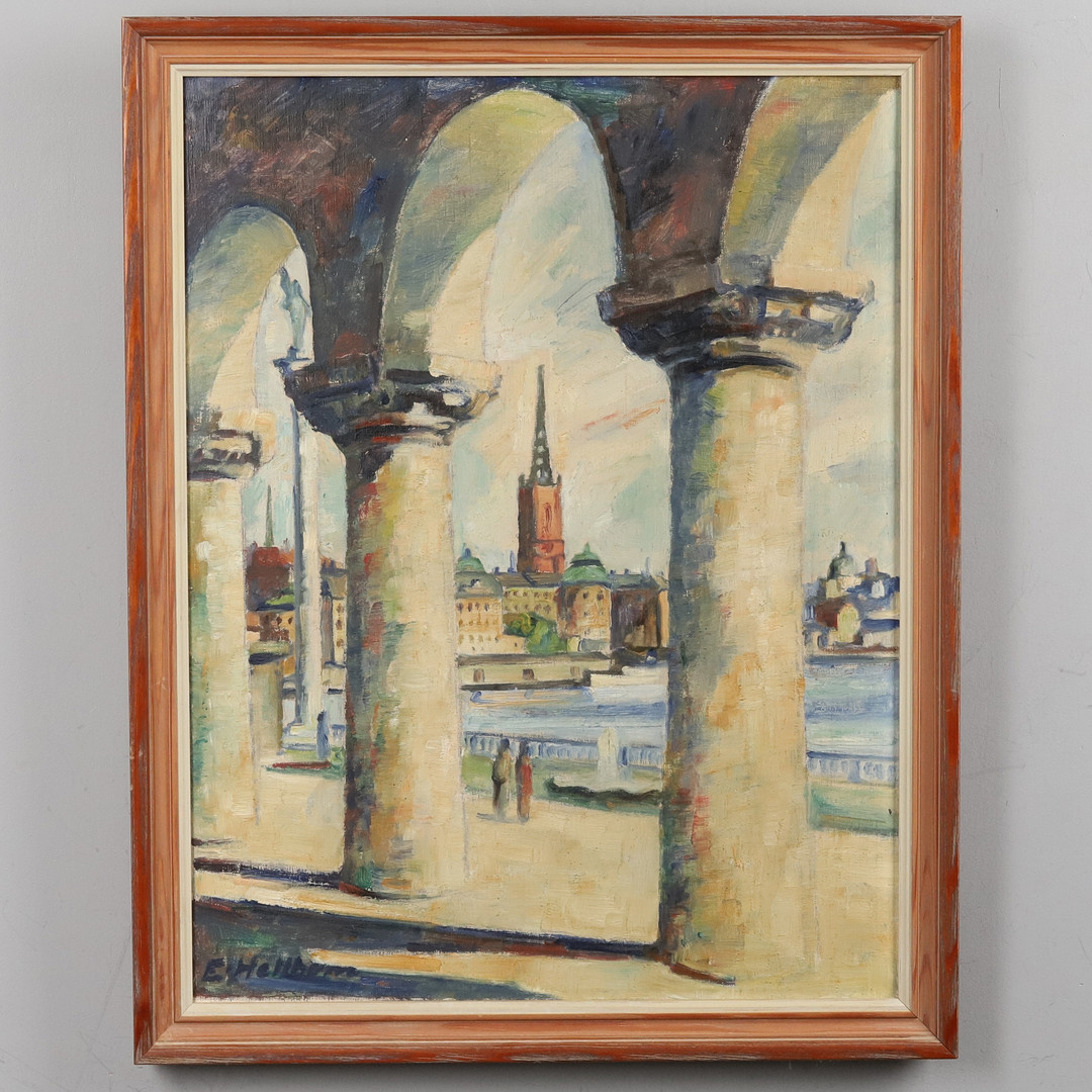 Olja på duk. "Stockholmsvy", signerad.