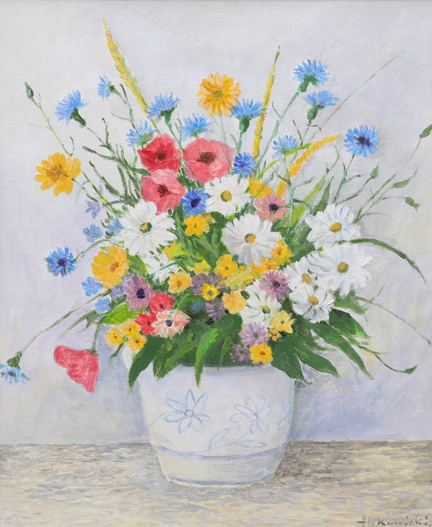 olja på duk, blomsterstillben, signerad A Kunicki.