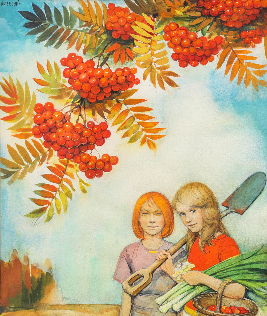akvarell, höstskörd, signerad Artelius.
