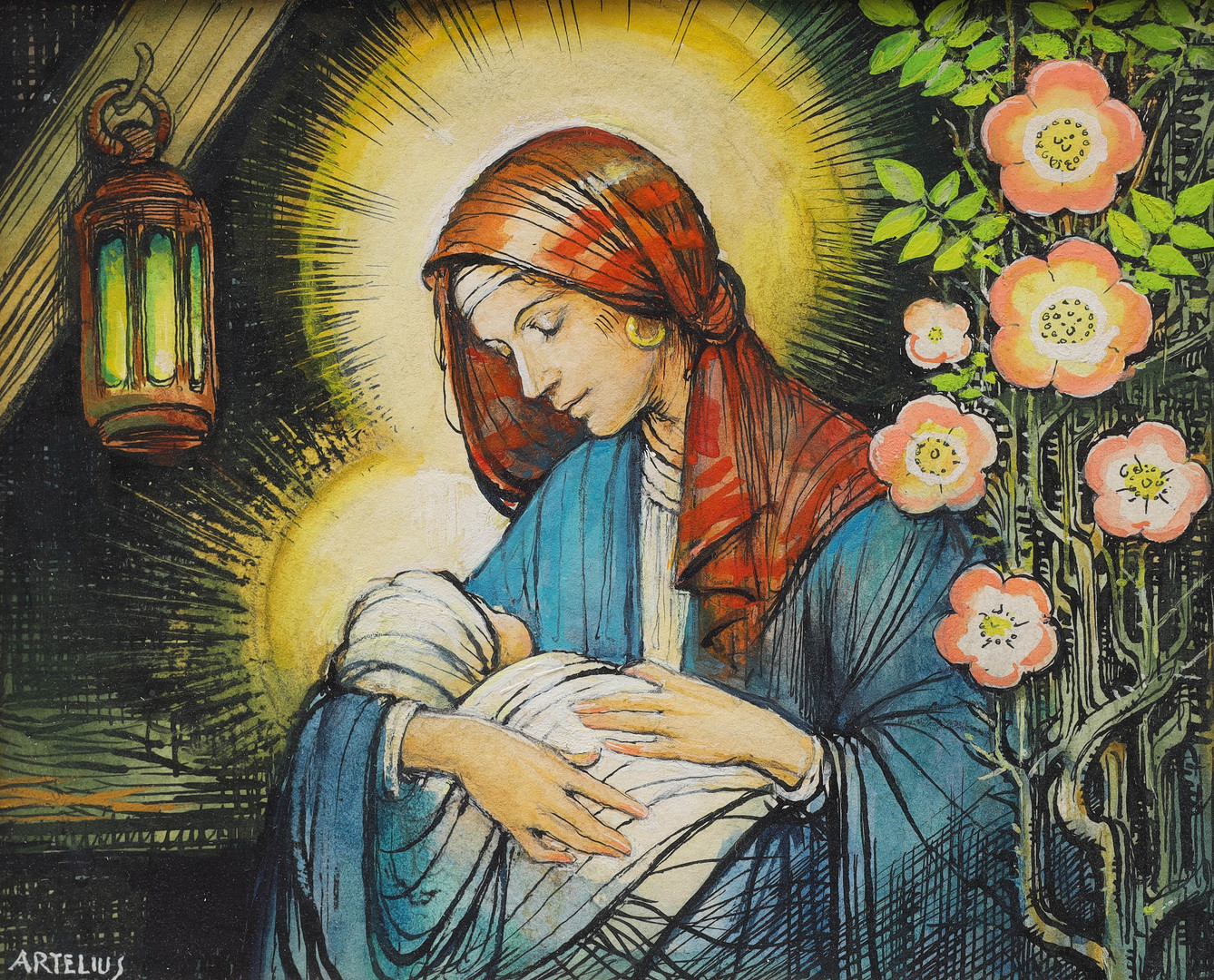akvarell, Maria och Jesusbarnet, signerad Artelius.