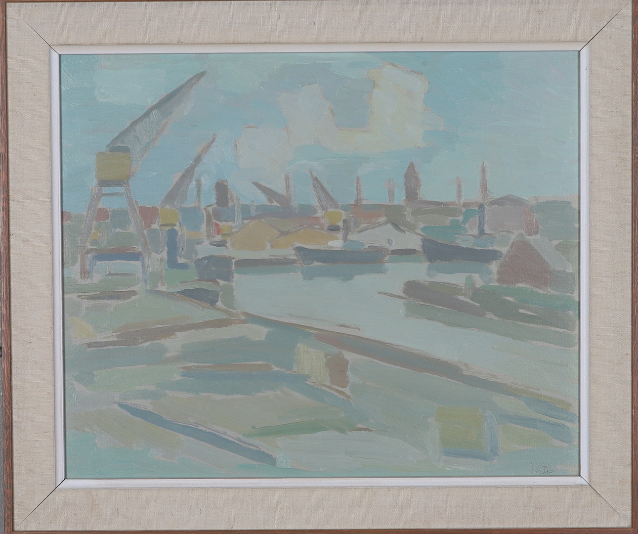 "Norrköpings hamn", olja på pannå, signerad.
