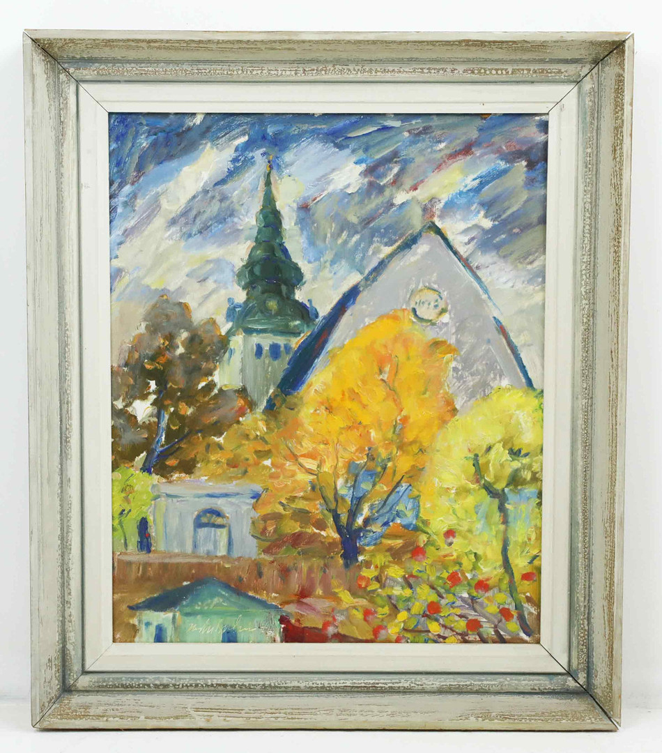 olja på pannå, Motiv Hudiksvalls kyrka, signerad, daterad 1946.