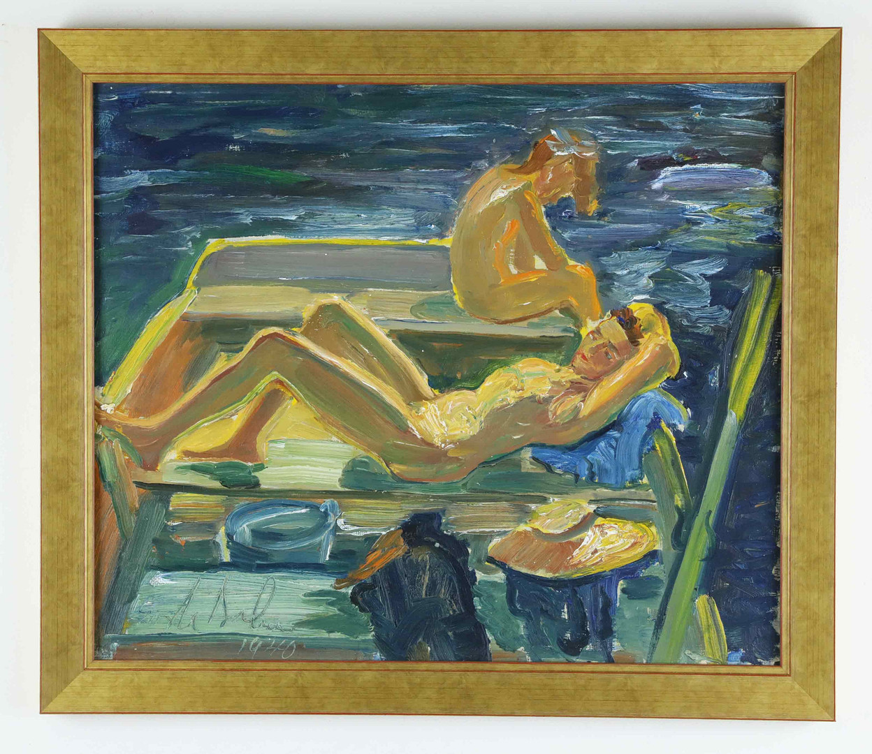 Olja på pannå, Solbad, signerad, daterad 1940.
