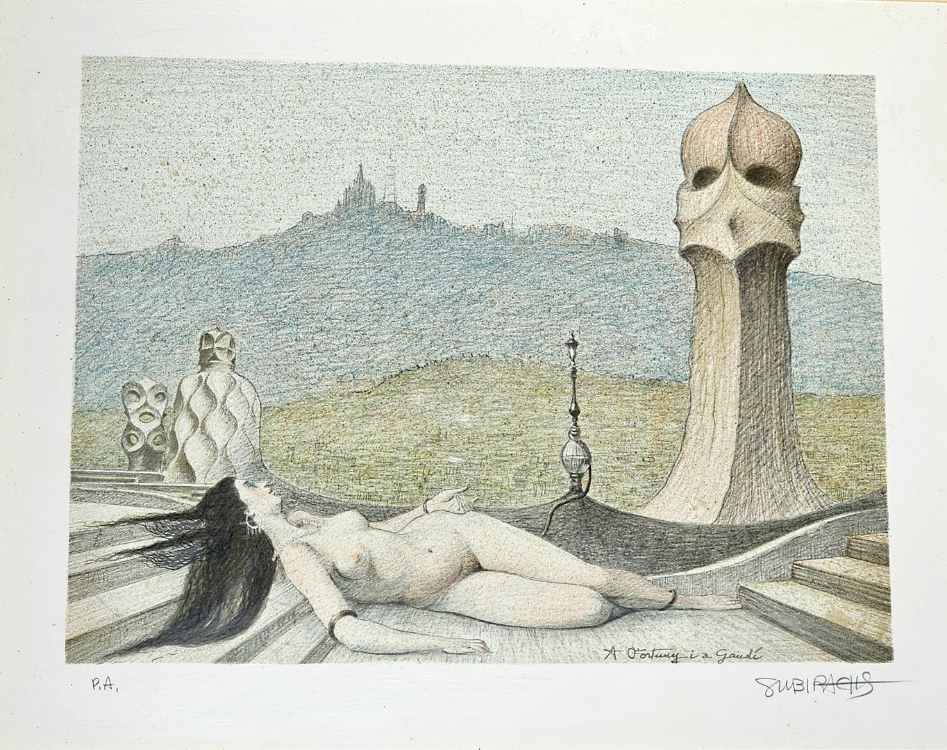 "A Fortuny i a Gaudí", grabado coloreado sobre papel. Firmado y fechado P.A.