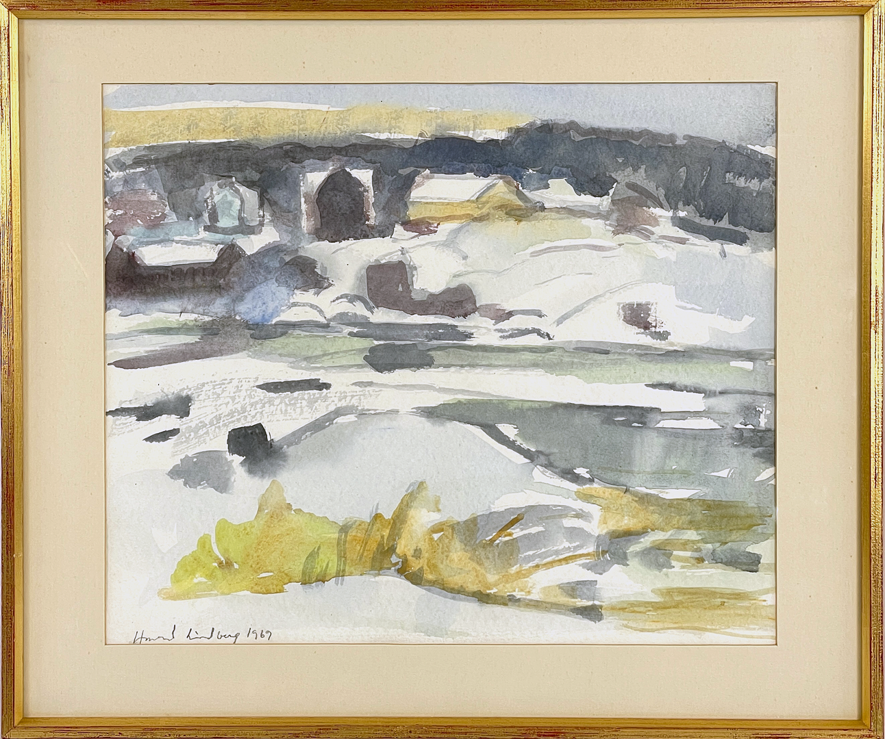 Akvarell, "Vinter Rumshamn", signerad samt daterad 1969.