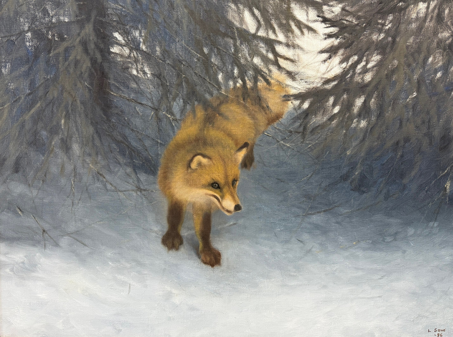 Olja på duk, Räv i vinterlandskap, träram.