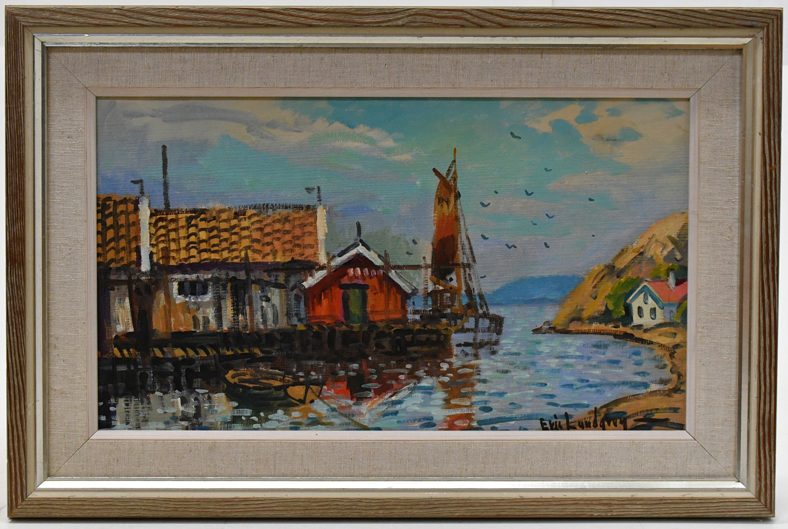 Hamn i skärgården. Olja på pannå.