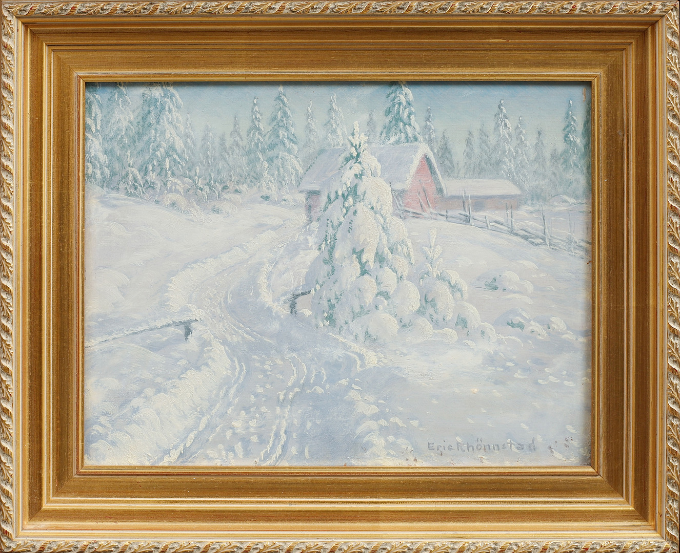 Vinterbild med stuga, olja på pannå, signerad.