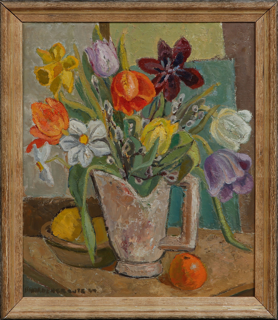 Blomsterstilleben, olja på pannå, signerad och daterad 44.