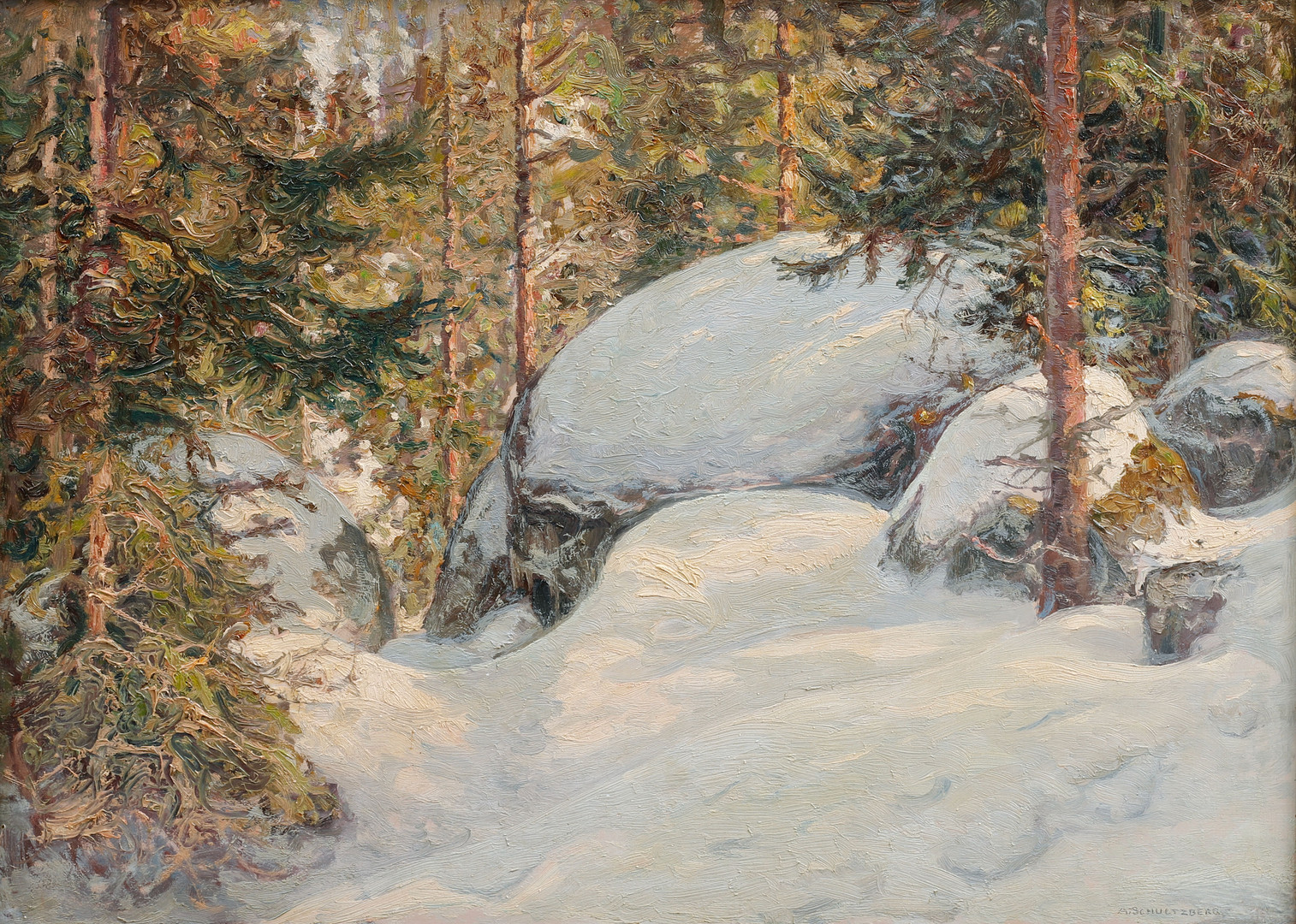 Snötäckta stenar i skog. Olja på pannå.