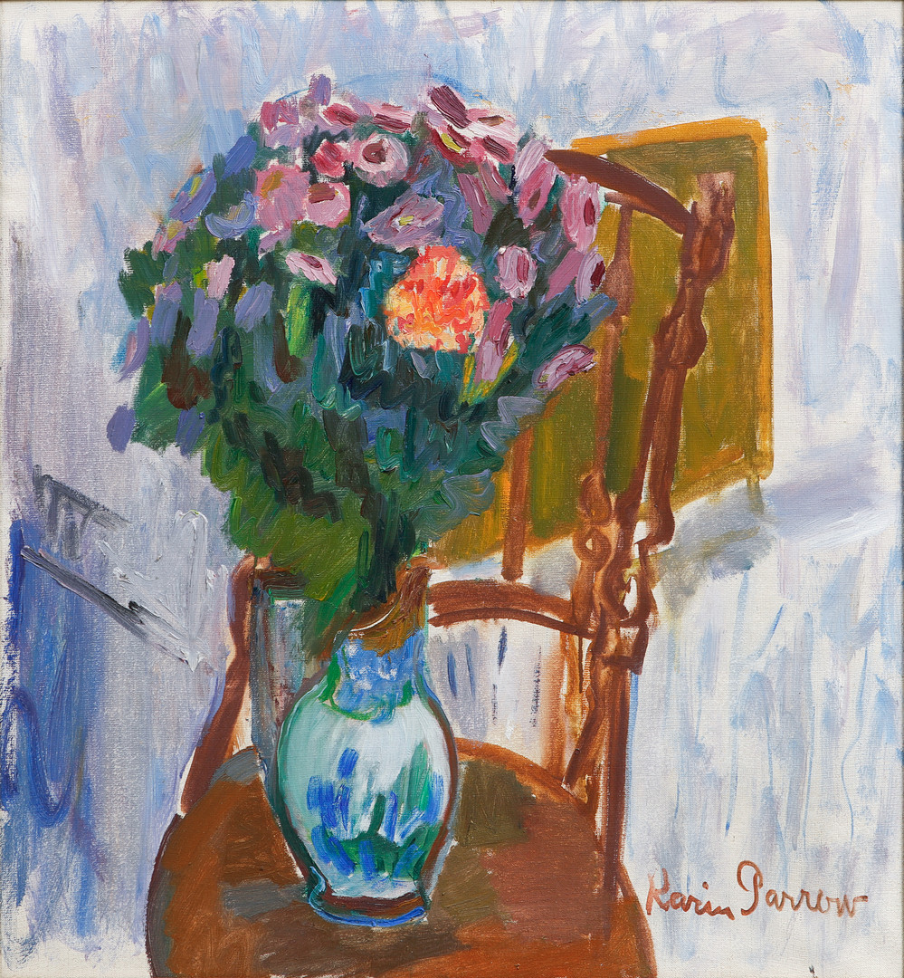 Blommor i vas på stol. Olja på duk.