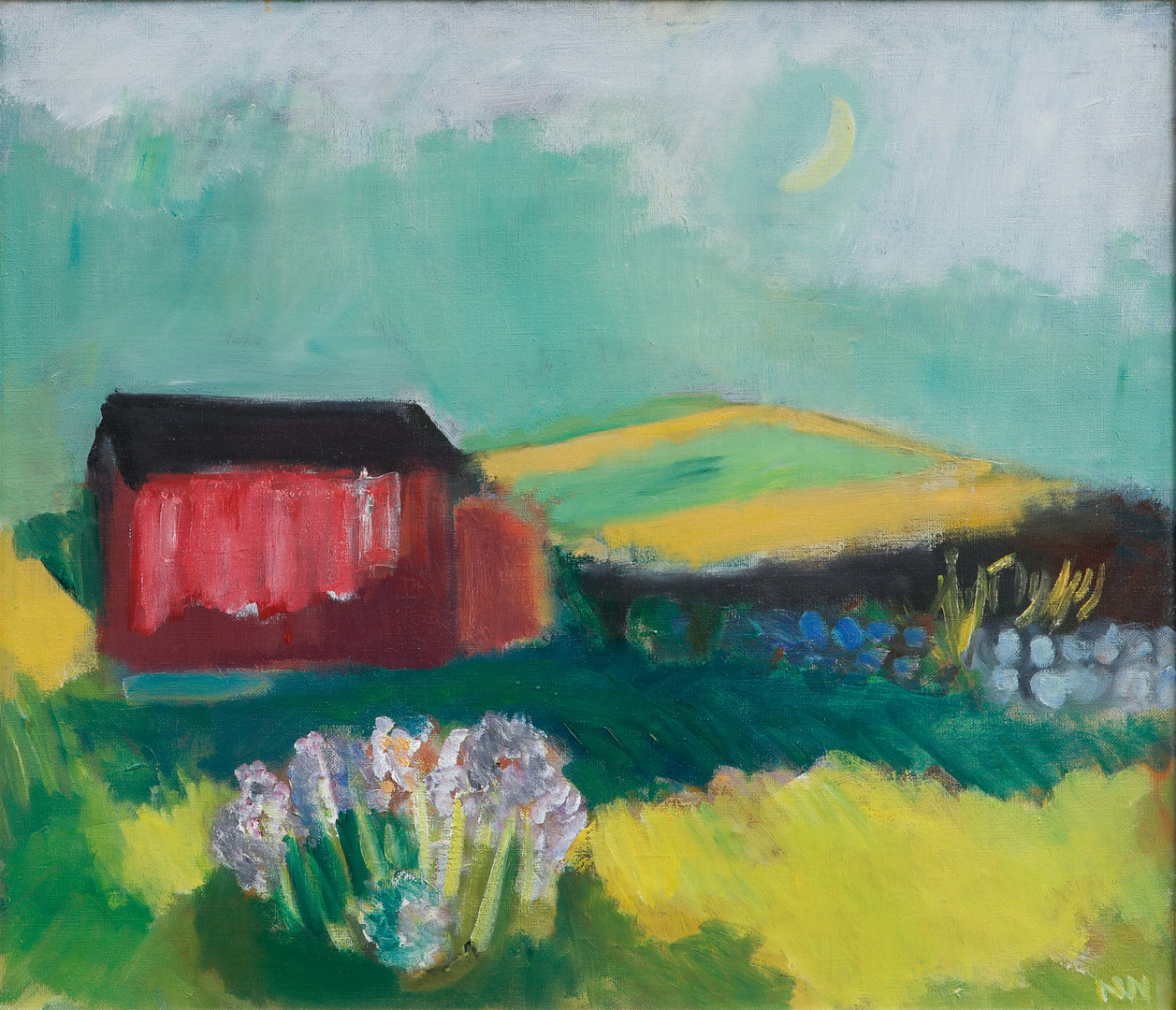 Landskap med rött hus och blommor. Olja på duk.