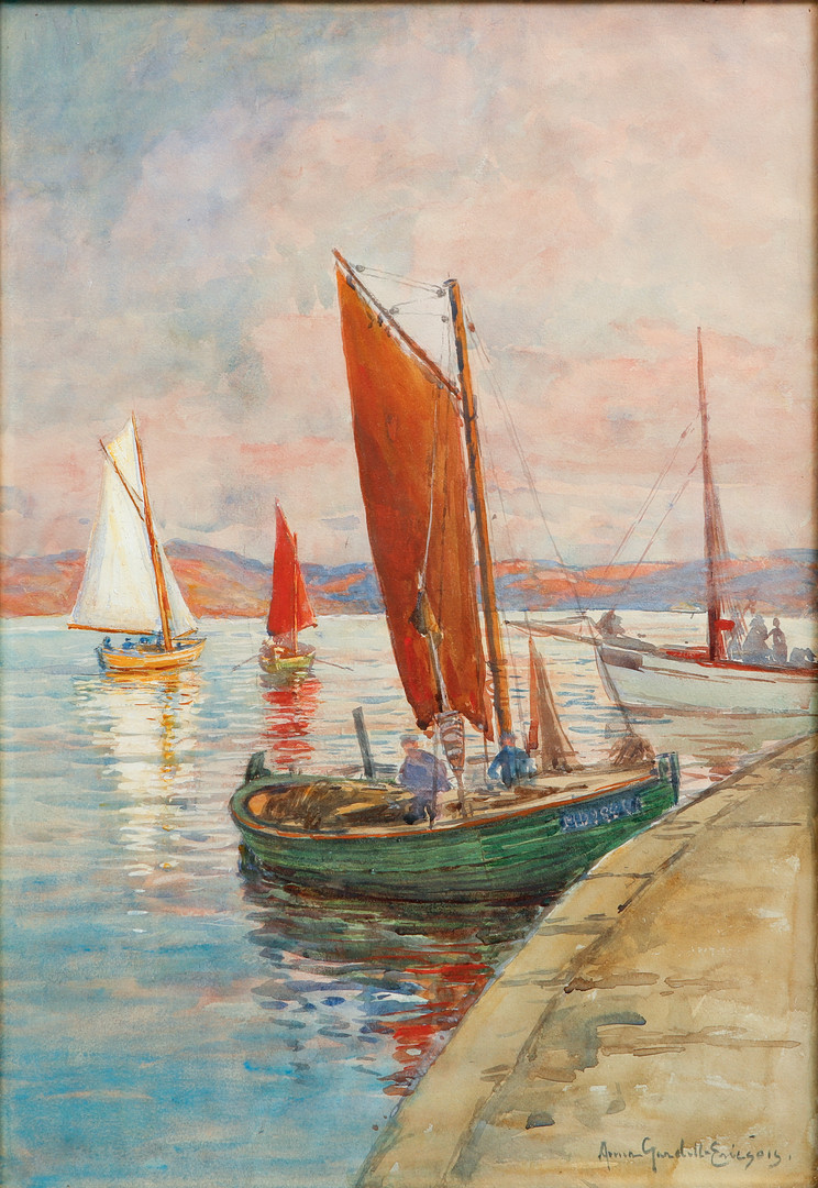 Båtar vid kajen på Marstrand. Akvarell.