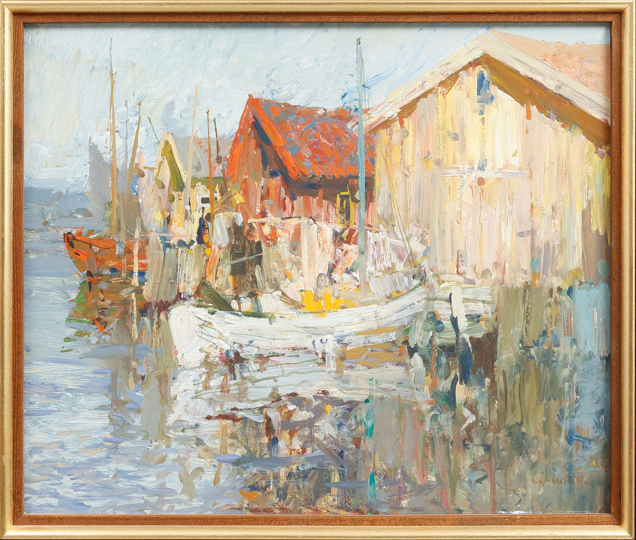 Sjöbodar och båtar, olja på pannå, signerad.