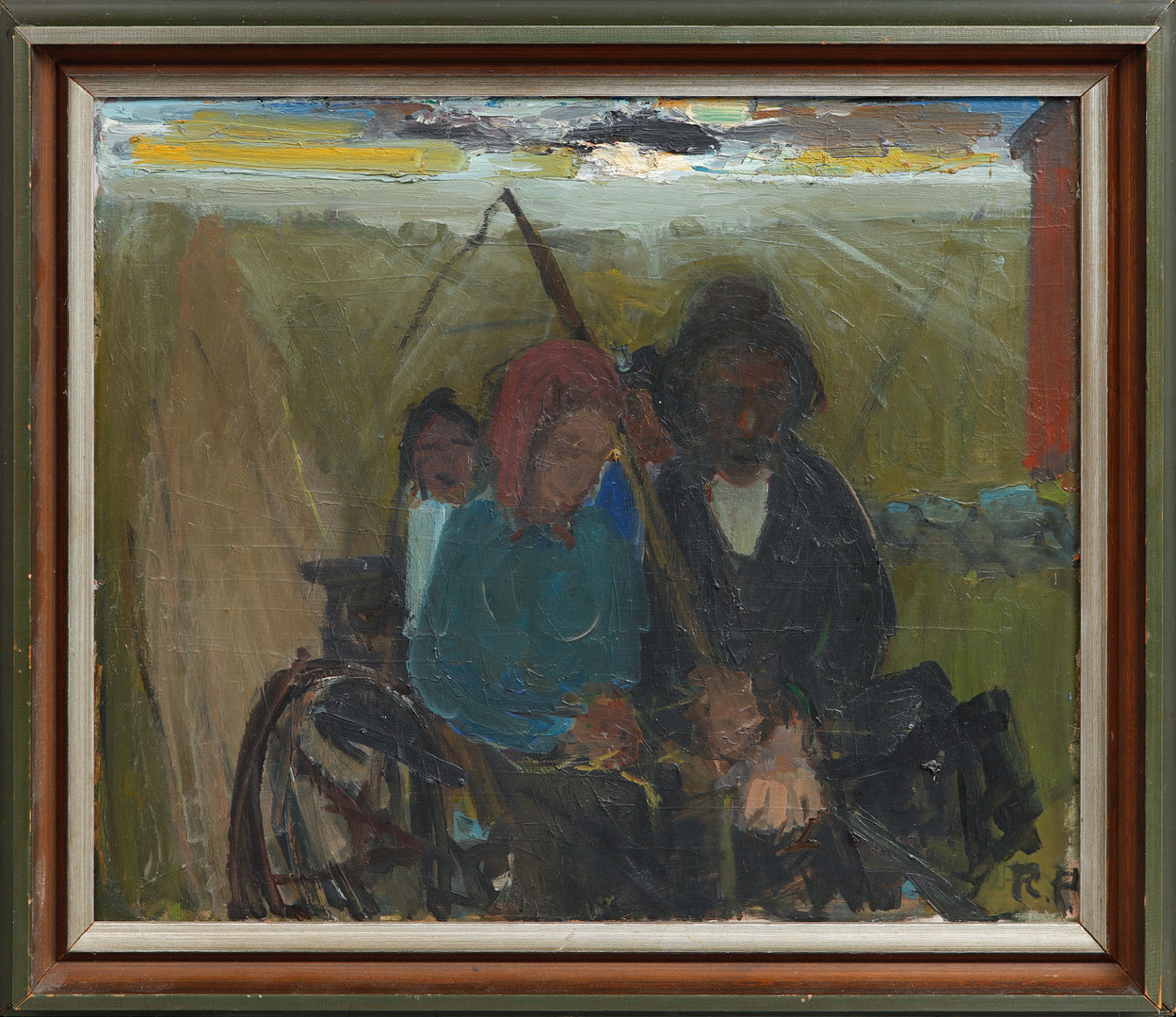 Figurscen, olja på pannå, signerad.