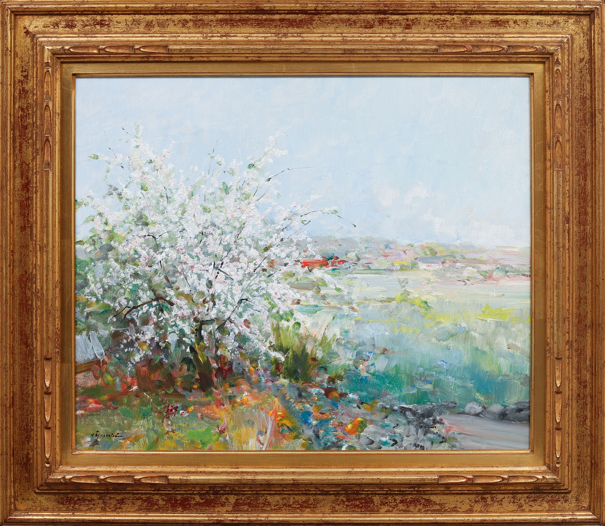 Blommande träd i landskap, olja på duk, signerad.