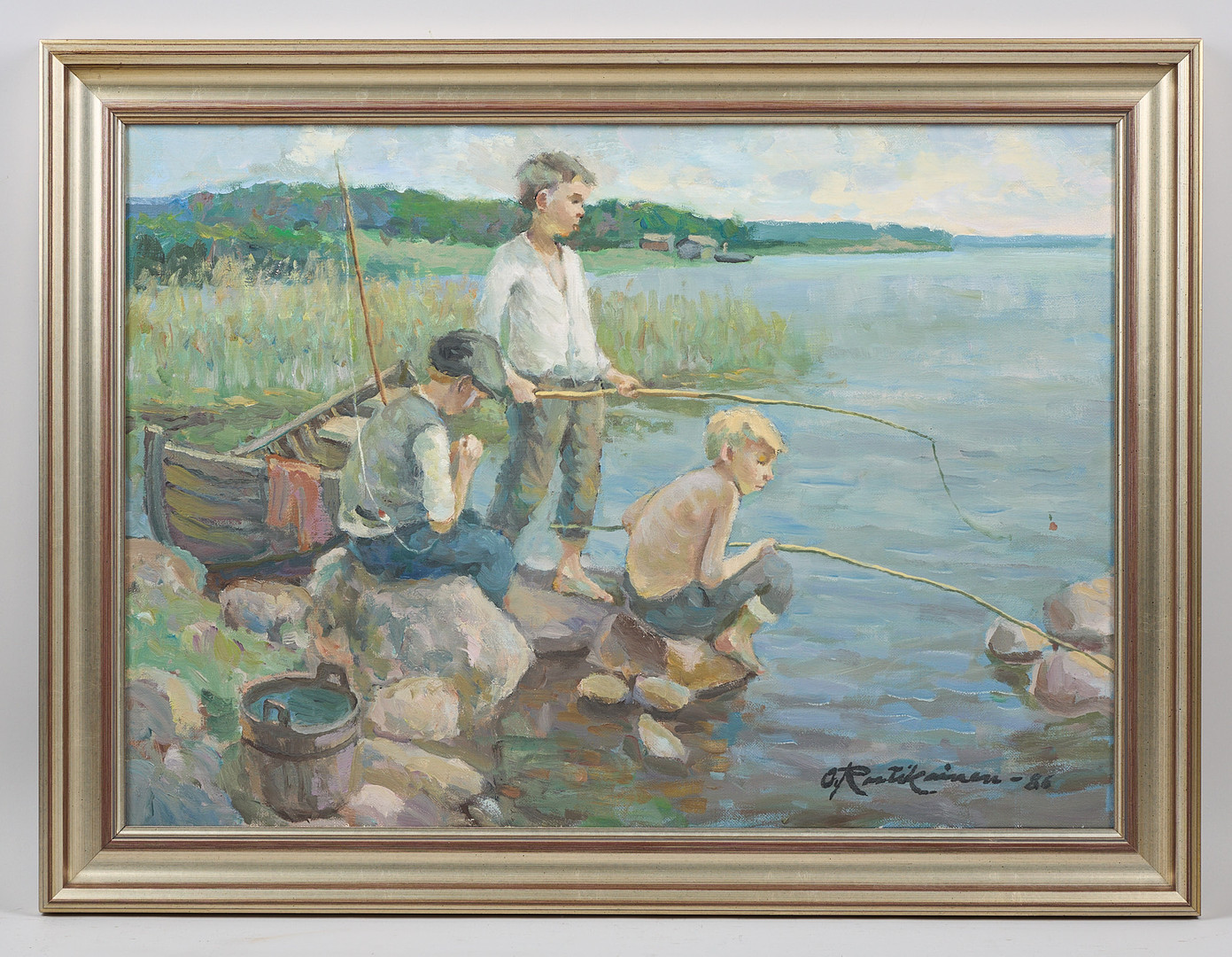Metande pojkar, signerad samt daterad -86, olja på duk.