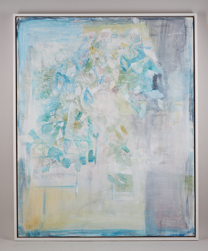 Blomstermotiv, collage med tygfragment, olja på duk.