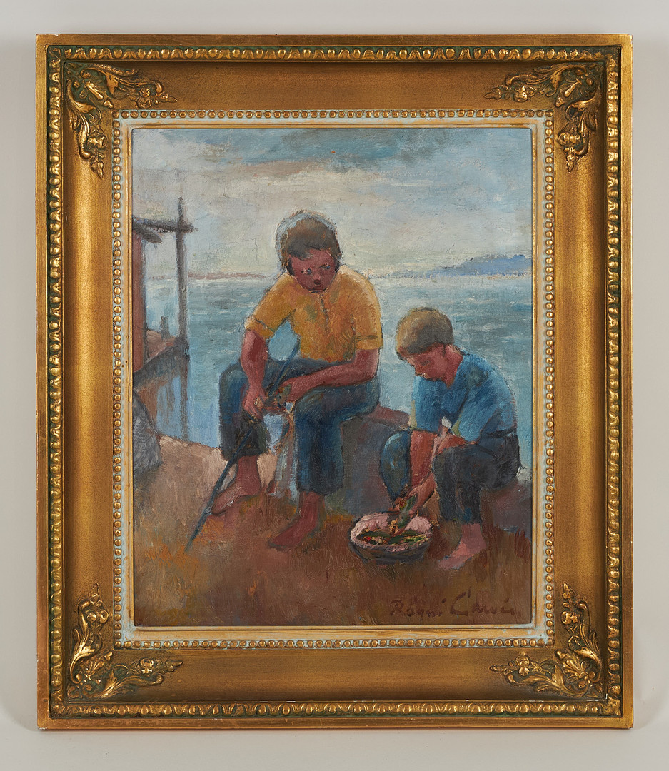 Fiskefångsten, signerad, olja på pannå.