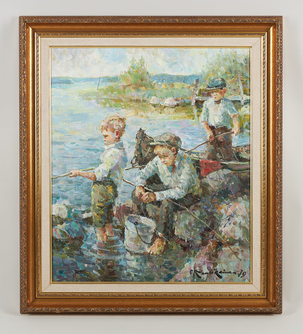 Metande pojkar, signerad samt daterad -97, olja på duk.